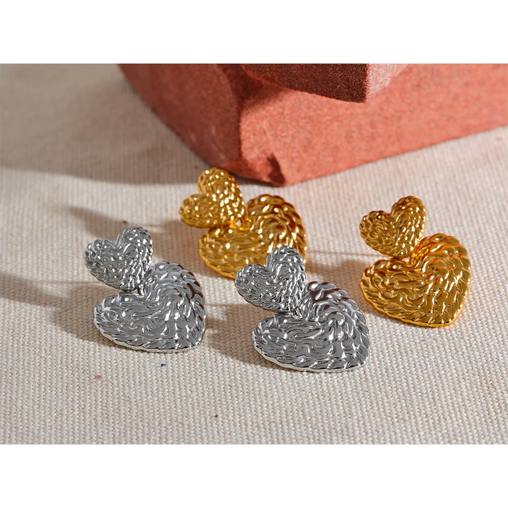 JINYOU 409 Stainless Steel 2023 Double Heart Love Drop Earrings 18K Plated Texture Titanium Statement Ear Jewelry Women Gift