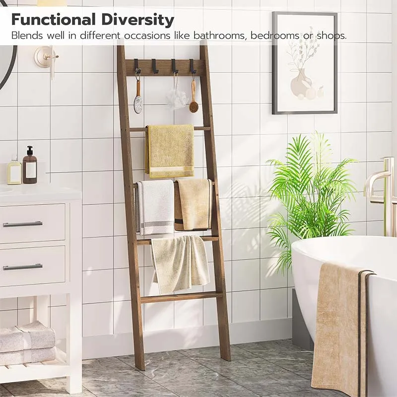 Customized living room bedroom wooden carpet ladder with 4 detachable hooks wall decoration storage rack