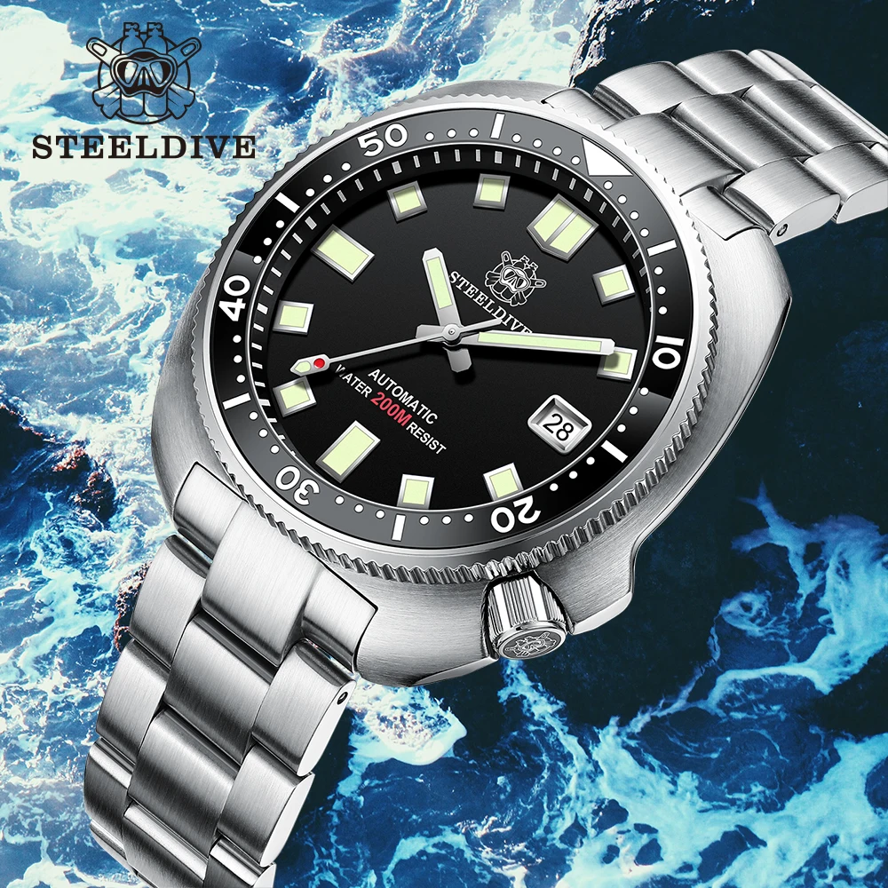 Мужские механические часы STEELDIVE SD1980 с большим циферблатом NH35 светящиеся двух цветов водонепроницаемые