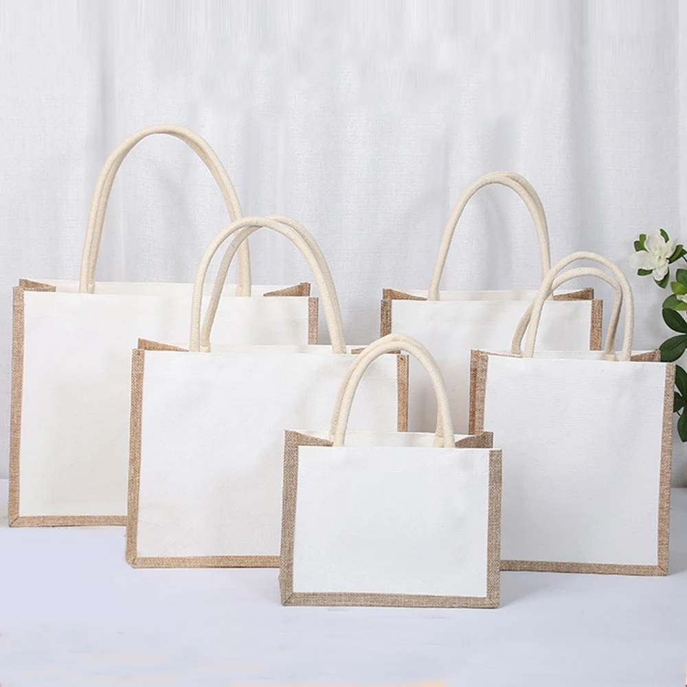 Reusable women handbags gym beach travel pool custom tote bag linen jute canvas shopping bag