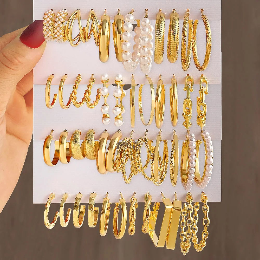 New Wholesale Gold plated Pearl Butterfly Acrylic  Hoop Earring Set for Women Metal Hollow Earrings Jewelry