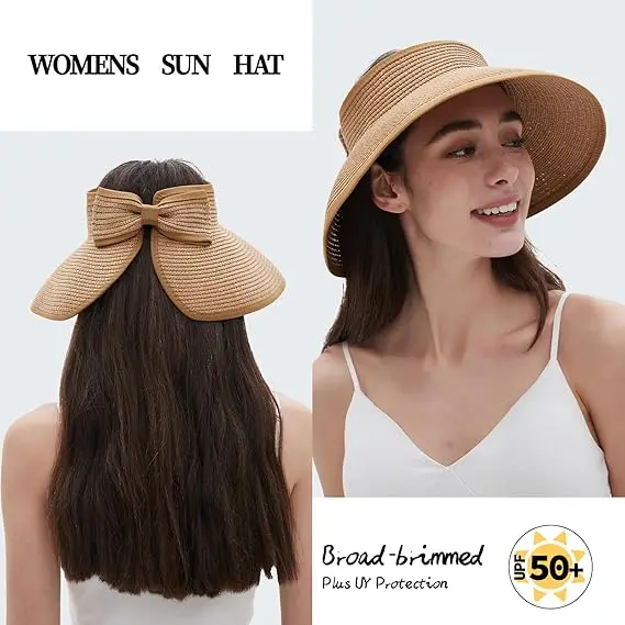 Wide Brim Roll-up Portable Straw Sun Hat Foldable Empty Top Sun Beach Straw Visor Hats for Women