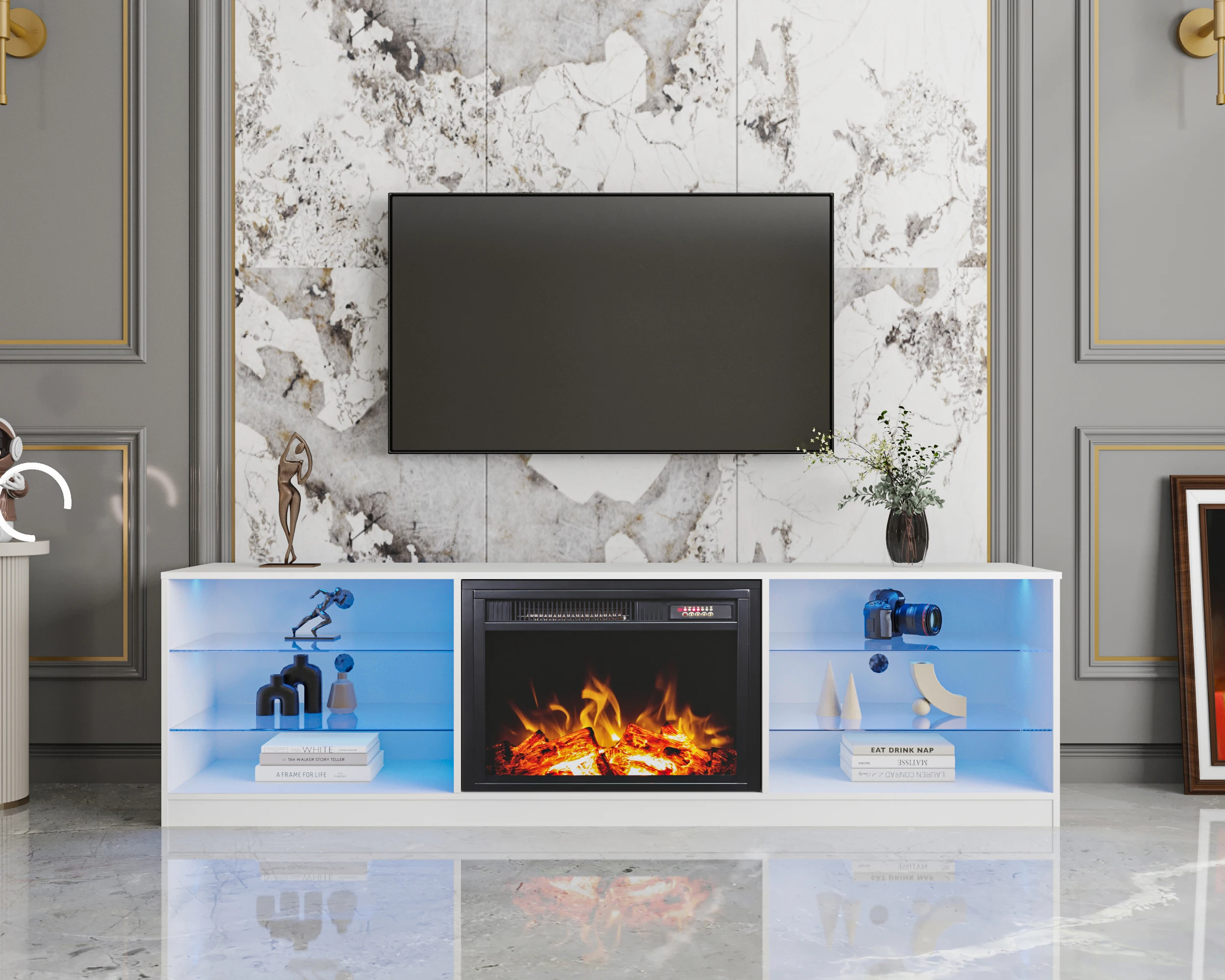 Fireplace TV Stand Wood TV Cabinet Modern Luxury Wooden TV Unit Stands with Fireplace with Living Room Furniture