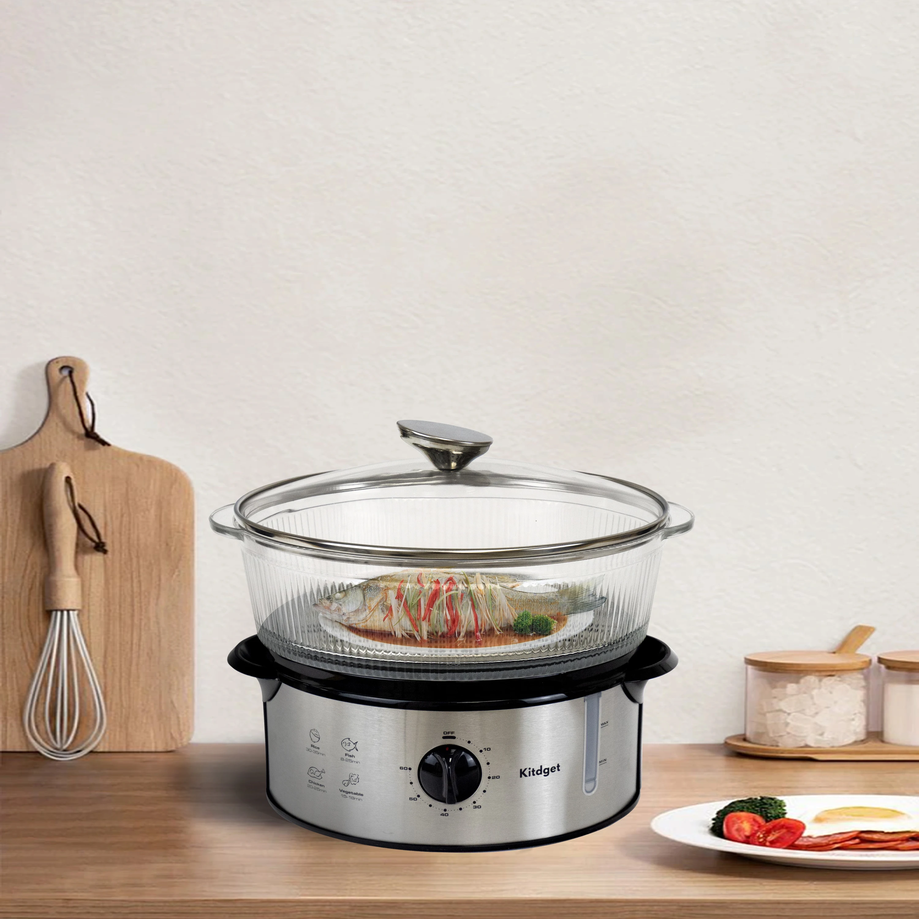 Best Selling OEM ODM Single Layers Cuisseur A La Vapeur Household Cooker Transparent Glass Stainless Steel Electric Food Steamer