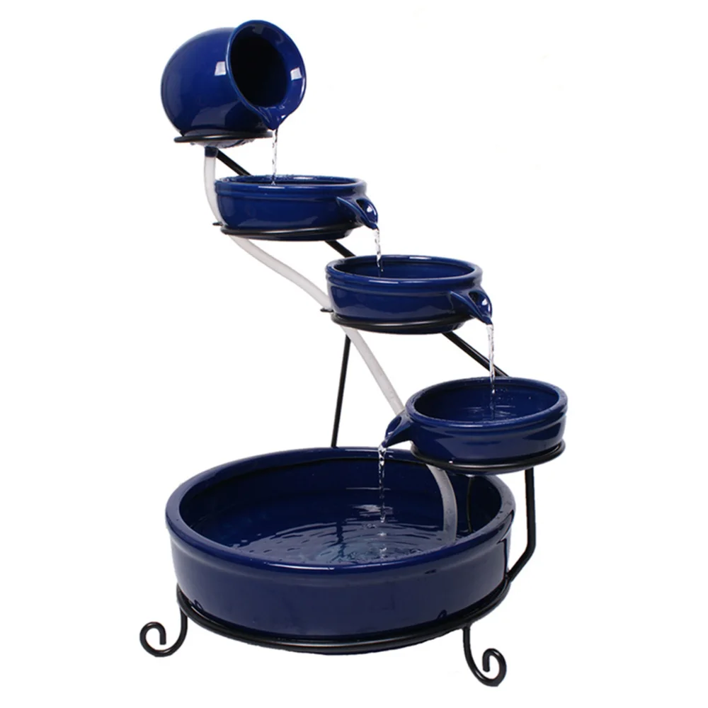 indoor outdoor water feature solar water fountain garden tiers blue ceramic fountain with metal rack