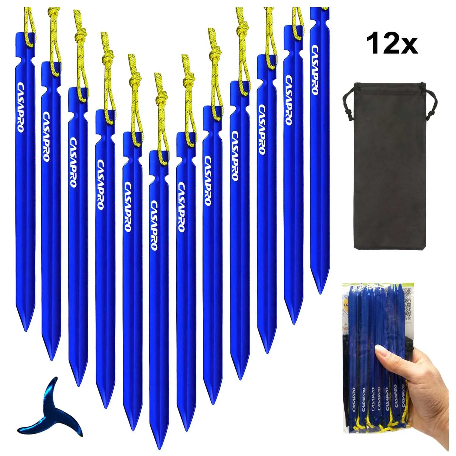 Hot sale Aluminum Tent Stakes Ultralight Y Beam Design with Reflective Pull Cords 12pcs Pack.