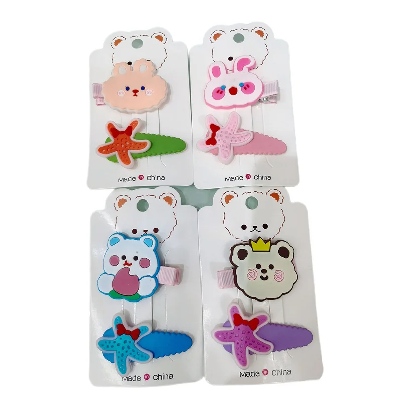 New Brand 2 Pcs Kids Hairgrip Clips Hair Accessories Pink Blue Yellow Bear Rabbit Starfish  Children Hair Clips