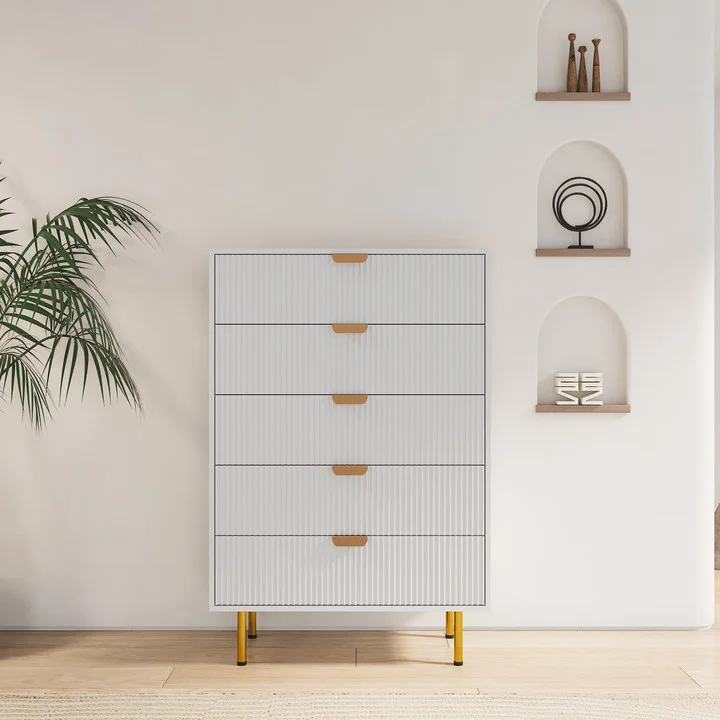 Modern 5Drawers White Drawers with Sheet Metal Handles Metal Base Elegant MDF for Bedrooms Living Room European Design Style