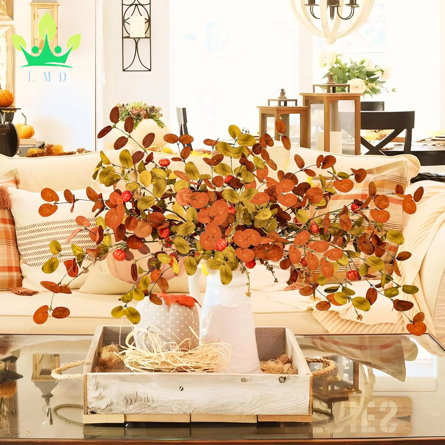 Artificial Fall Eucalyptus Stems Leaves Branches with Orange Pumpkins Long Stems for Home Autumn Flora Thanksgiving Decoration
