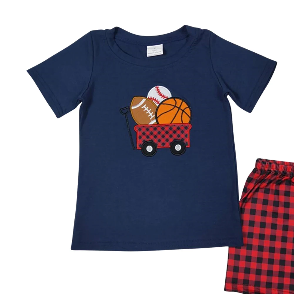 Navy Baseball embroidered summer short-sleeved boys suit kids clothing