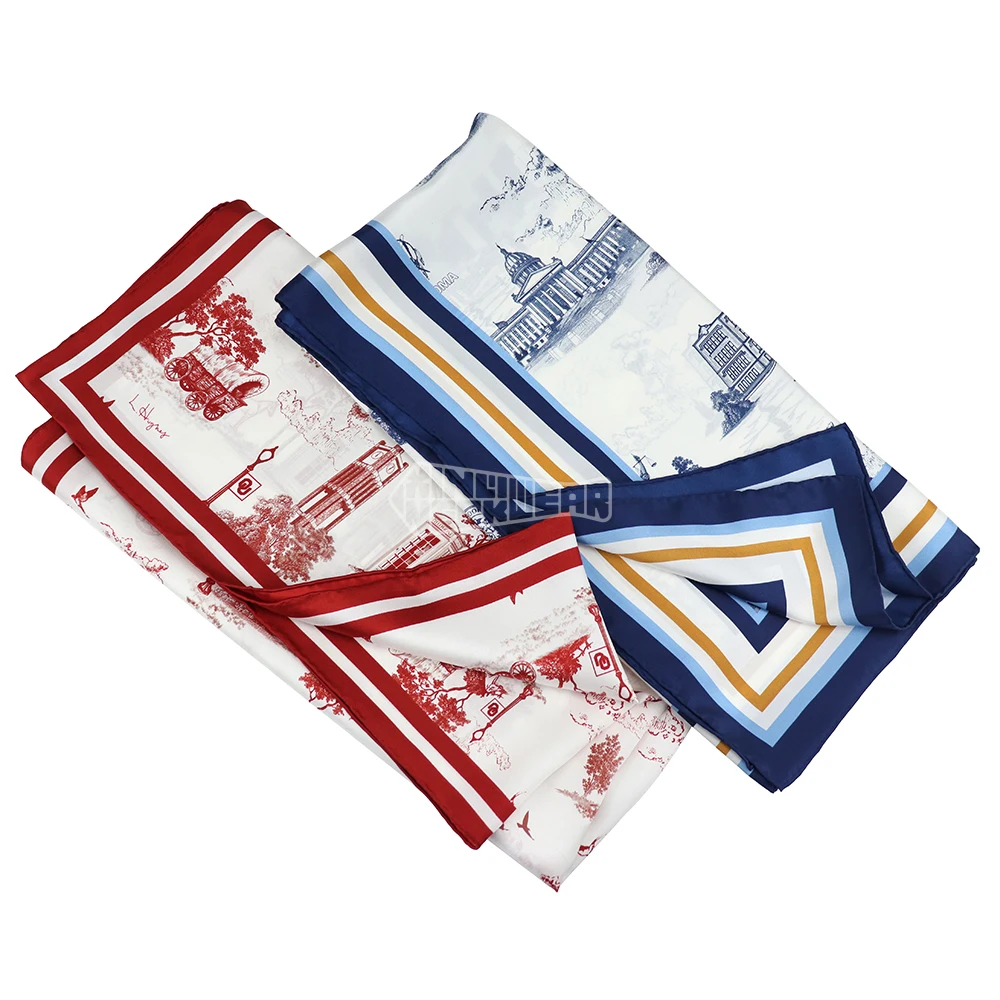 Fashion Blue Print Scarves Corporate Custom Logo Vintage Silk Scarf 90*90 Scarfs Red And White