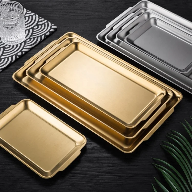 OEM/ODM Restaurant Home Kitchen Rectangle Snack Dish Gold Stainless Steel Food Tea Coffee Plate Serving Tray