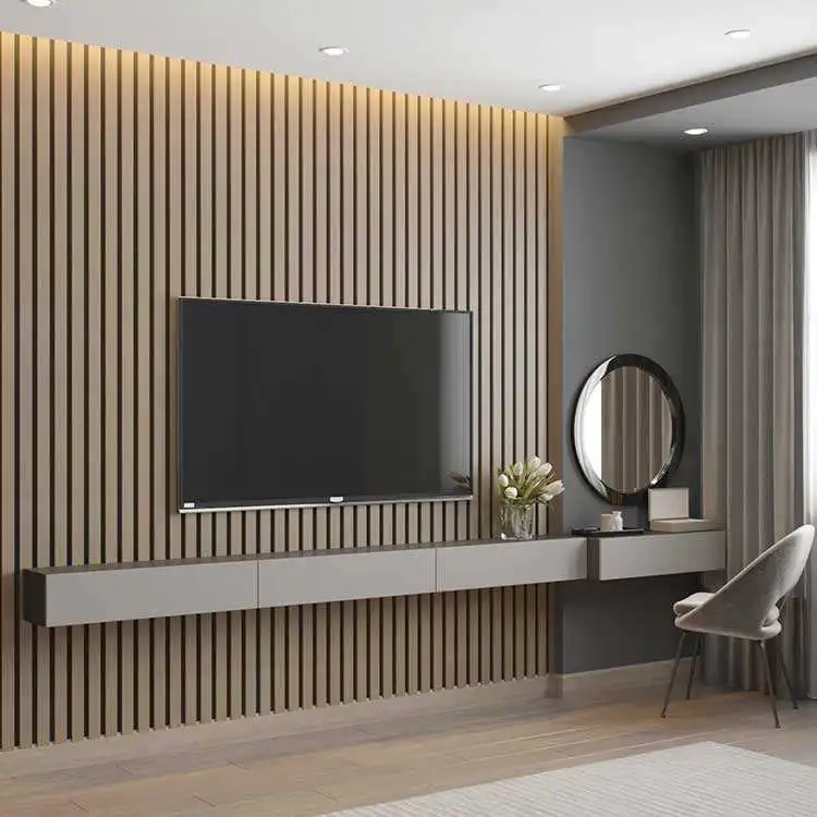 USA popular interior wall decoration akupanel light oak walnut 3 sides veneer wooden slat wall panels PET felt board