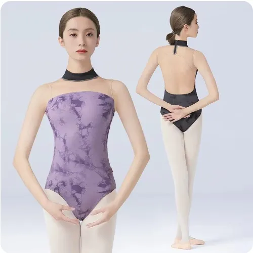 Women Ballet Leotards Turtleneck Sleeveless Ink Printing Dance Leotard Adult Girls Skate Pole Dancing Bodysuit Backless Swimwear