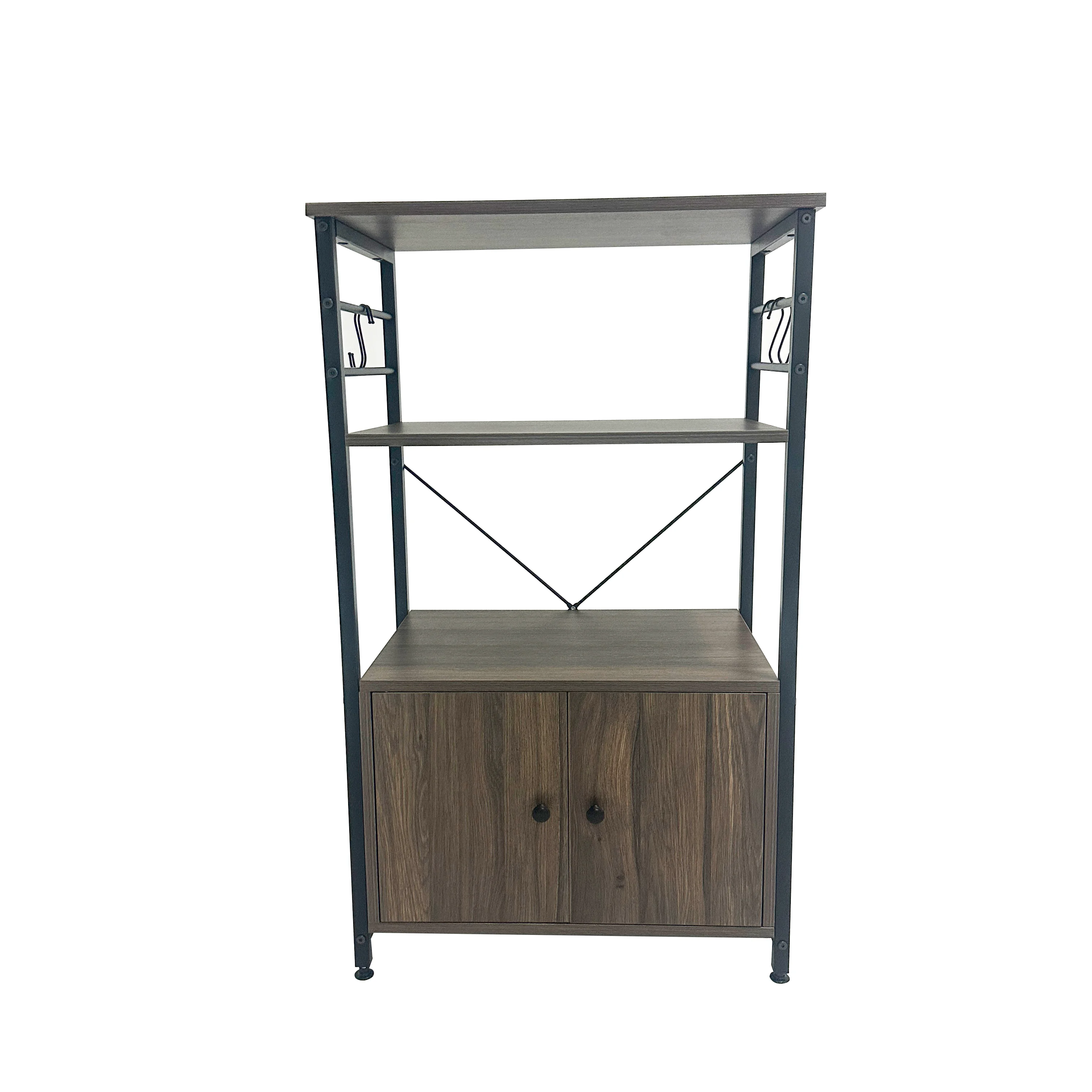 Industrial kitchen rack with 1 cabinet and 4 hooks, microwave oven stand, 3-tier kitchen storage cart furniture