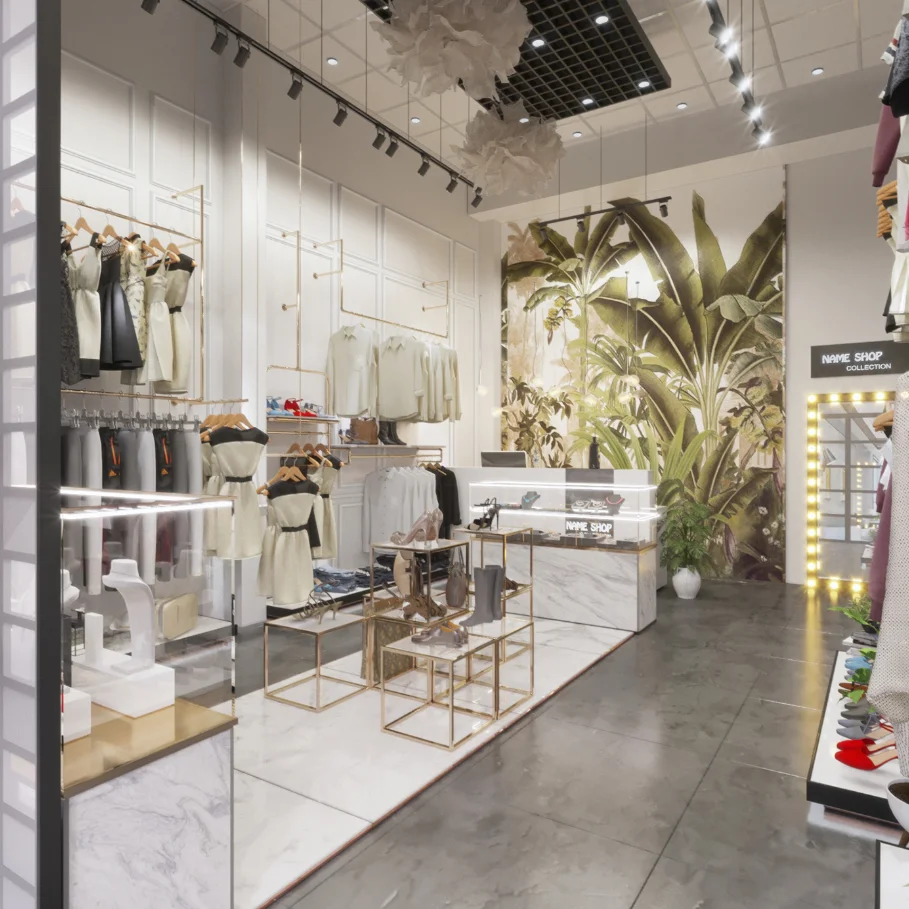 Custom High-end Stainless Steel Garment Store Display Interior Design Hot Retail Clothing Boutique Shop Furniture Decor
