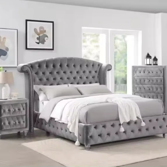 Gray Classic Furniture Wholesale Hot Selling Bedroom Set Velvet High-Quality Cheap Modern Wooden King Bed SH-06016GY