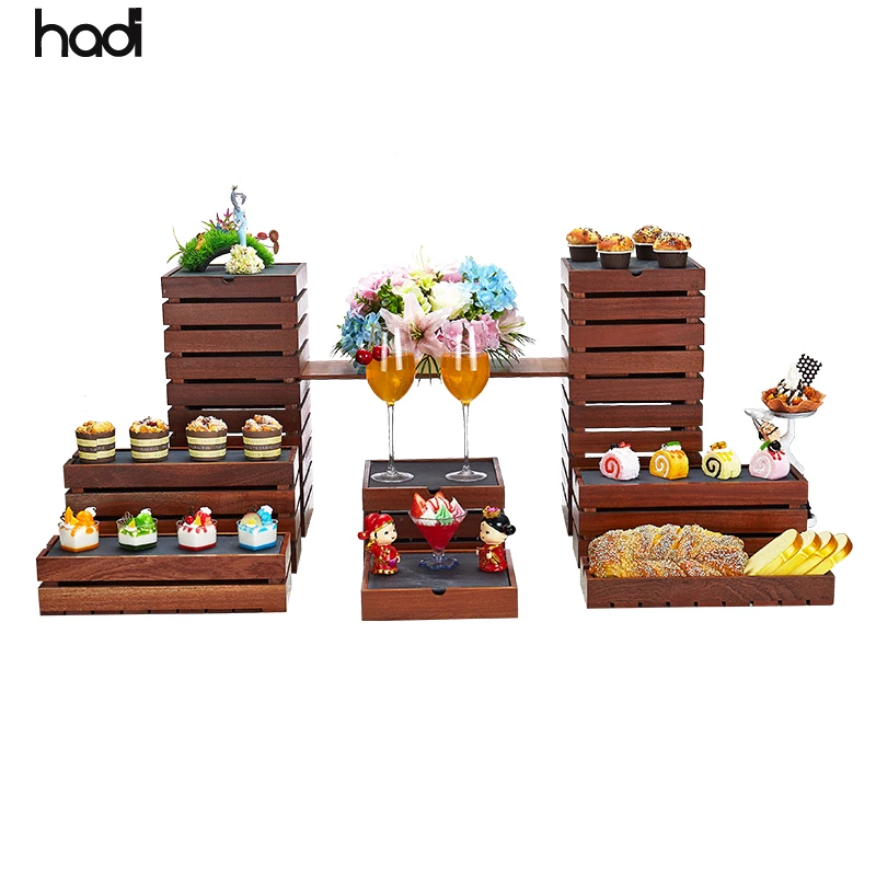Guangzhou hadi arabic restaurant equipment rectangular wooden buffet stand display riser sapele wooden elevation for buffet sale