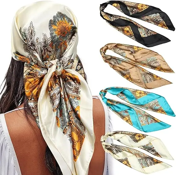 QL 90*90cm Satin Large Square Head Scarves  Silk Like Neck Scarf Hair Sleeping Wraps Satin Silk Scarfs for Women