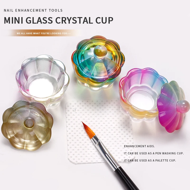 2022 New Arrival Aurora Dazzling Colorful Flower Shaped Nail Crystal Cup Acrylic Liquid Powder Dappen Dish Glass Bowl