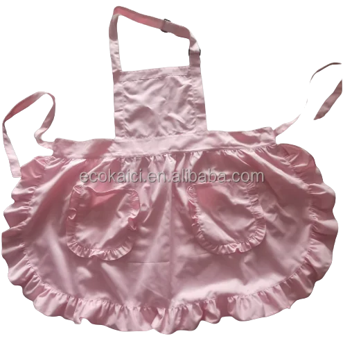 pink black 100% heavy cotton canvas adjustable women ruffle apron with pockets for barkey kitchen