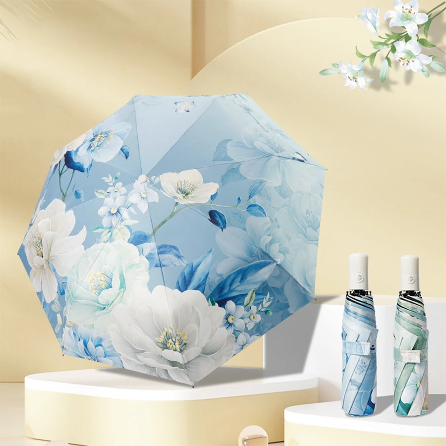 Chinese Classic Style Peony Flower Three Fold Umbrella With Black Coating Anti UV Umbrella