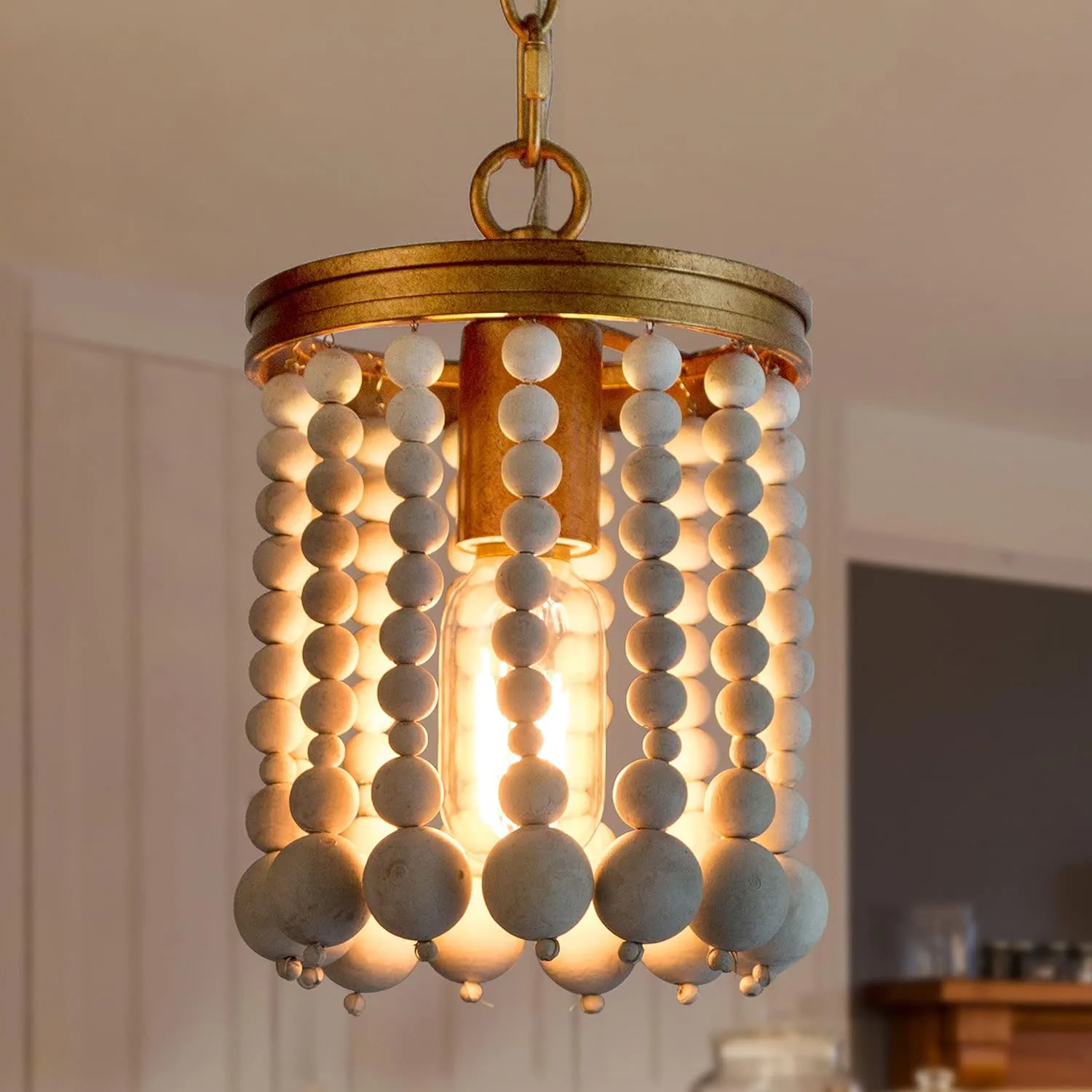 Gold Beaded Chandelier Pendant Lighting for Kitchen Island Bohemia Light Fixtures in Antique Gold Finish with White Wood Beads