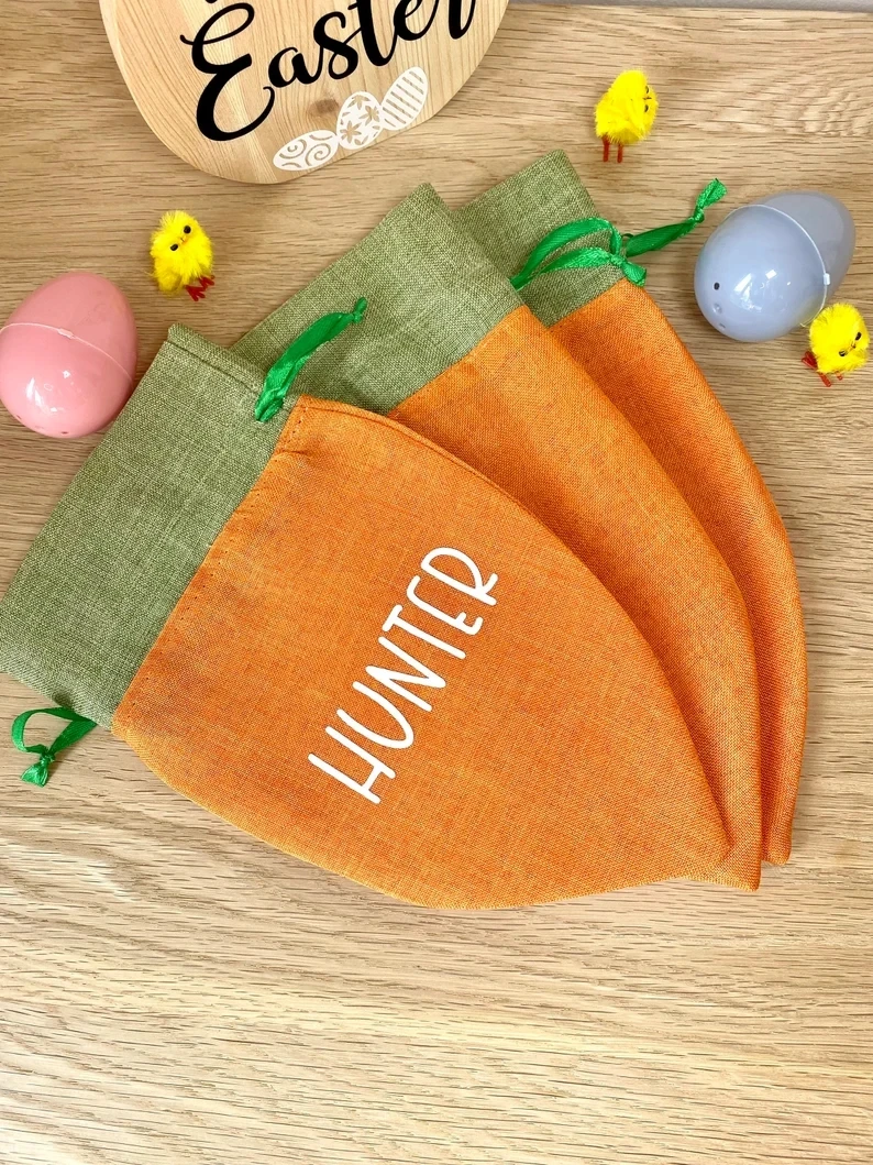 Blank Linen Carrot Easter Personalized Bag Kids Gift Storage Drawstring Vinyl Sublimation Easter Basket Decor Candy Egg Gift Bag