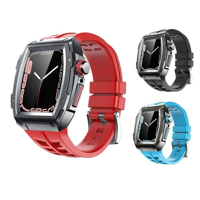 ON SALE Modification Kit Metal case for IWatch Series 9/8/7/6/5/4/SE Rubber Strap for Appled Watch 44mm/45mm