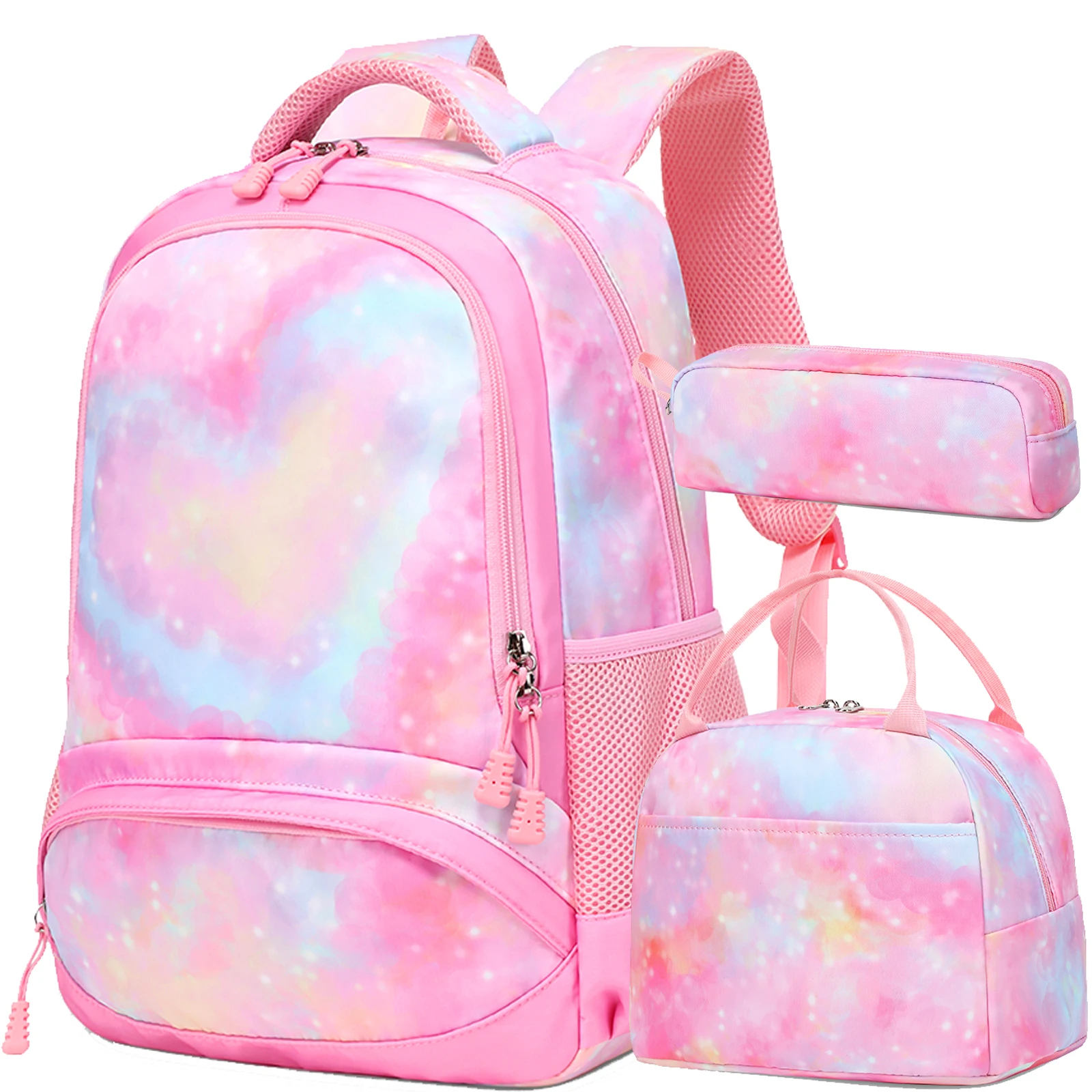 Fashion 3 In 1 Student Backpack Set Pink Purple Heart Pattern Waterproof School Backpack For Teenagers