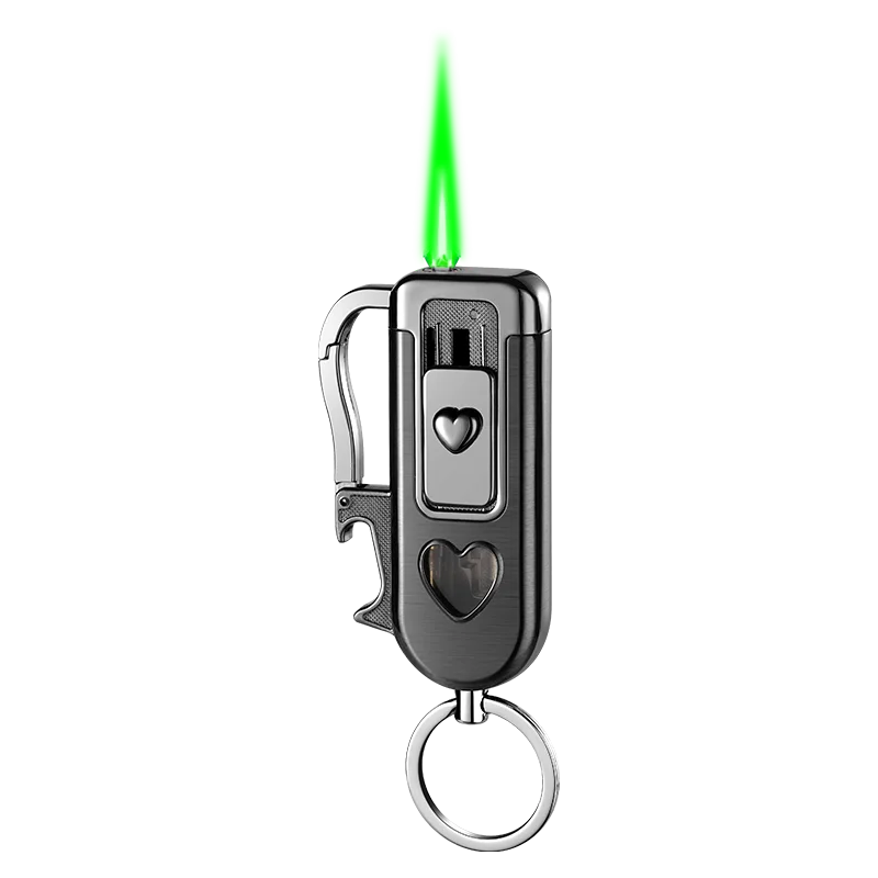 Multi Functional Windproof Lighter, Built-in bottle Opener, Green Flame With Visible inflation Window