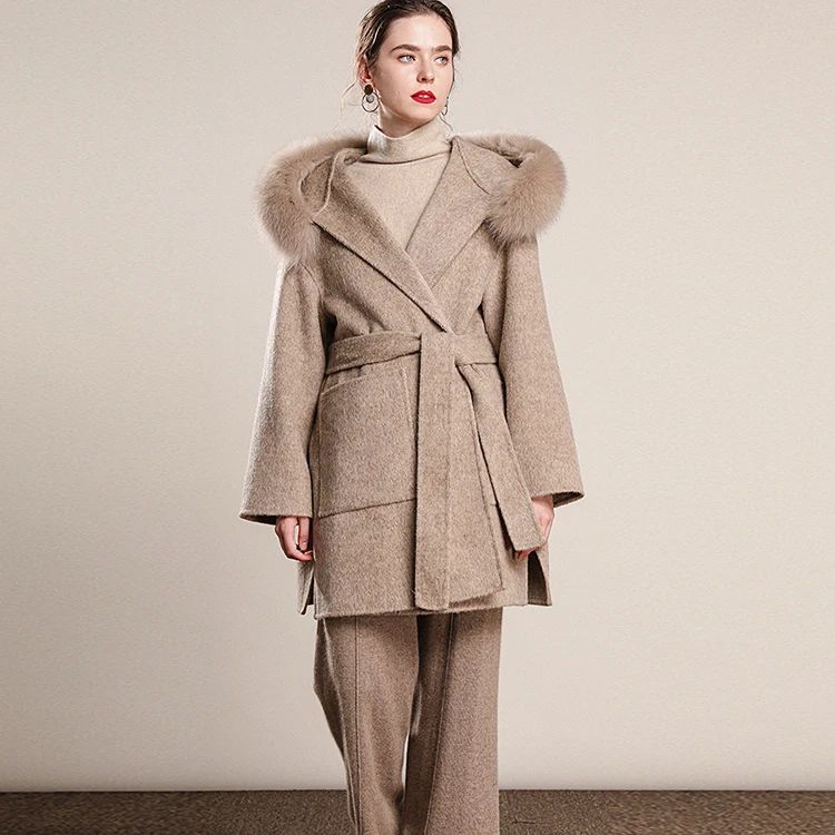 100% Cashmere Coat Women with Belt Real Fox Fur Trim Double Faced Wool Coat