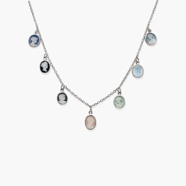 Vintage Style 14k Gold Platedoval Shape Resin Acrylic Embossed Beauty Head Small Cameo Pendants Necklace