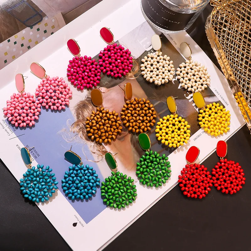 2020 Bohemian Seed Beaded Charm Wood Earrings Handmade Hollowed Big Circele Rattan Knit Pendientes For Women