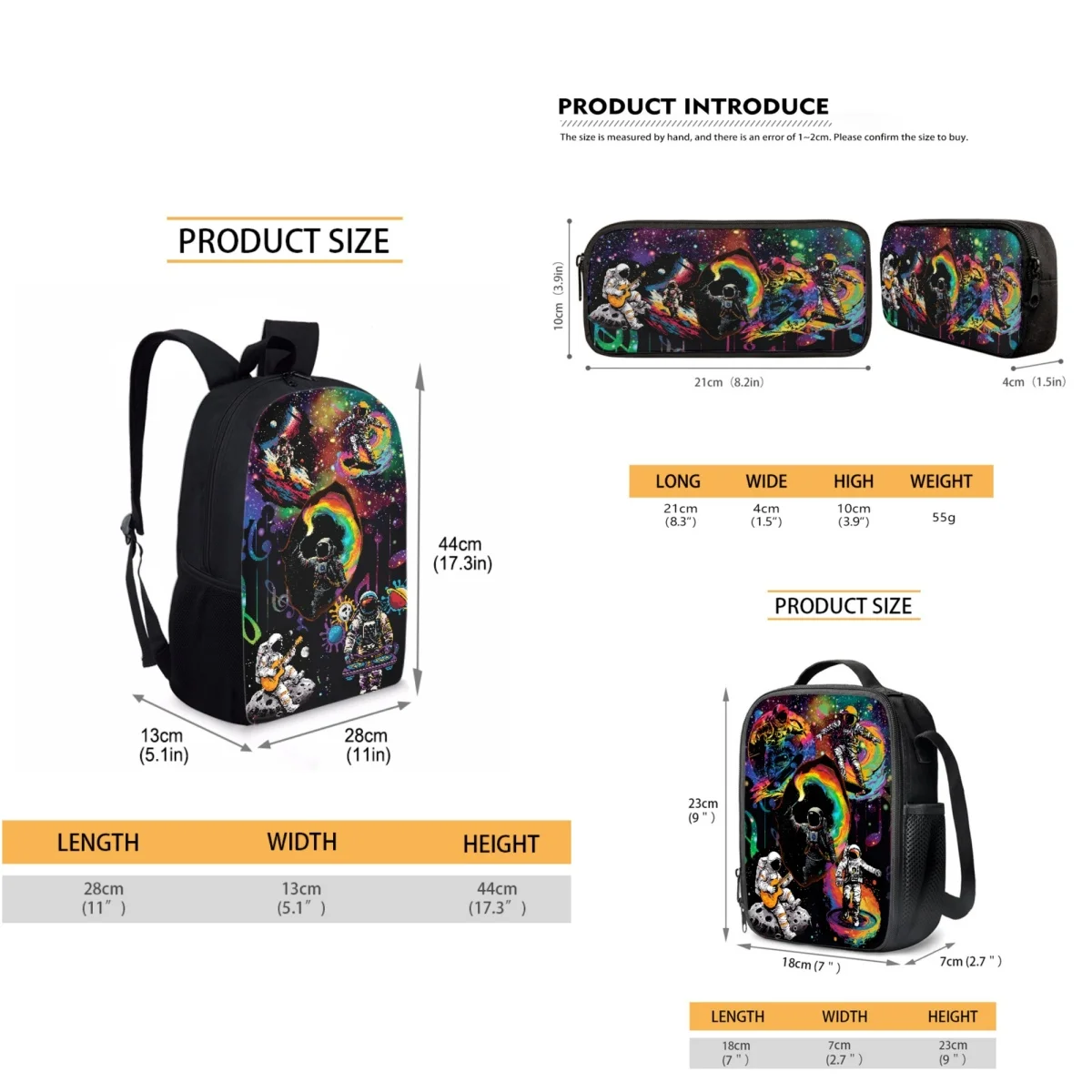 3 PCS Set Cool Astronaut Children Backpack Set with Schoolbag Lunch Bag Pencil Case  Backpack