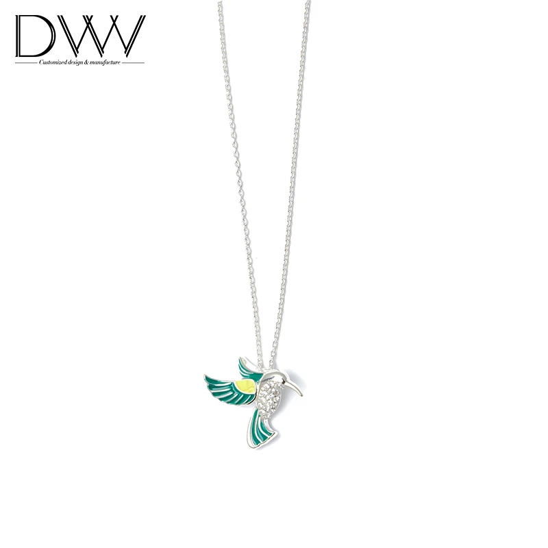 925 Sterling Silver Humming bird Necklace Green Pendant Necklace