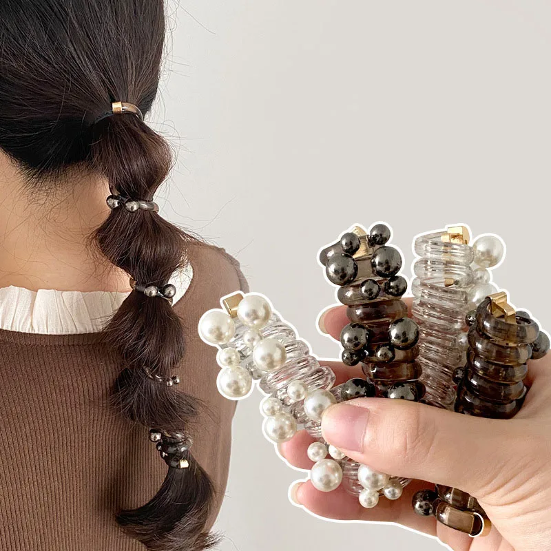 Colorful Pearl Phone Cord Wire Hair Bands Waterproof Hair Coils No Damage Kids Girls Telephone Straight Spiral Hair Ties