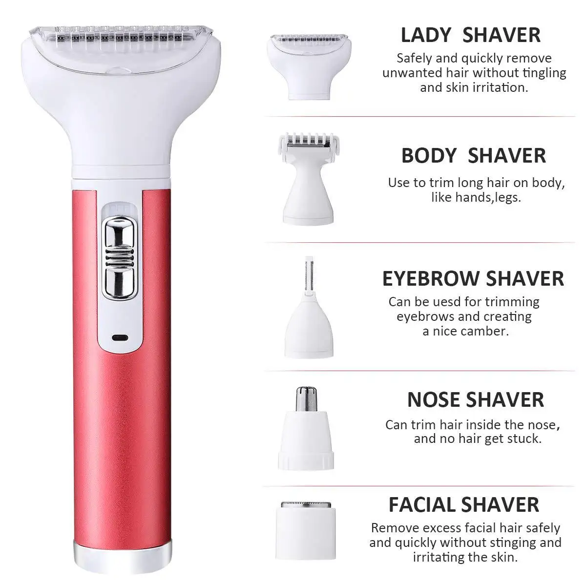 5 in 1 Electric Hair Remover Rechargeable Lady Shaver Nose Hair Trimmer Eyebrow Shaper Leg Armpit Bikini Trimmer Women Epilator