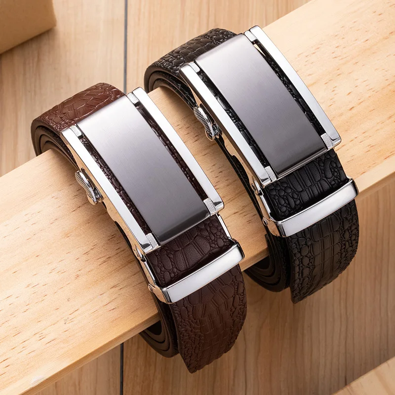 Ремень С Храповым Механизмом мужской, Модный деловой ремень из тисненой кожи крокодила и кожи аллигатора с автоматической пряжкой, черный коричневый