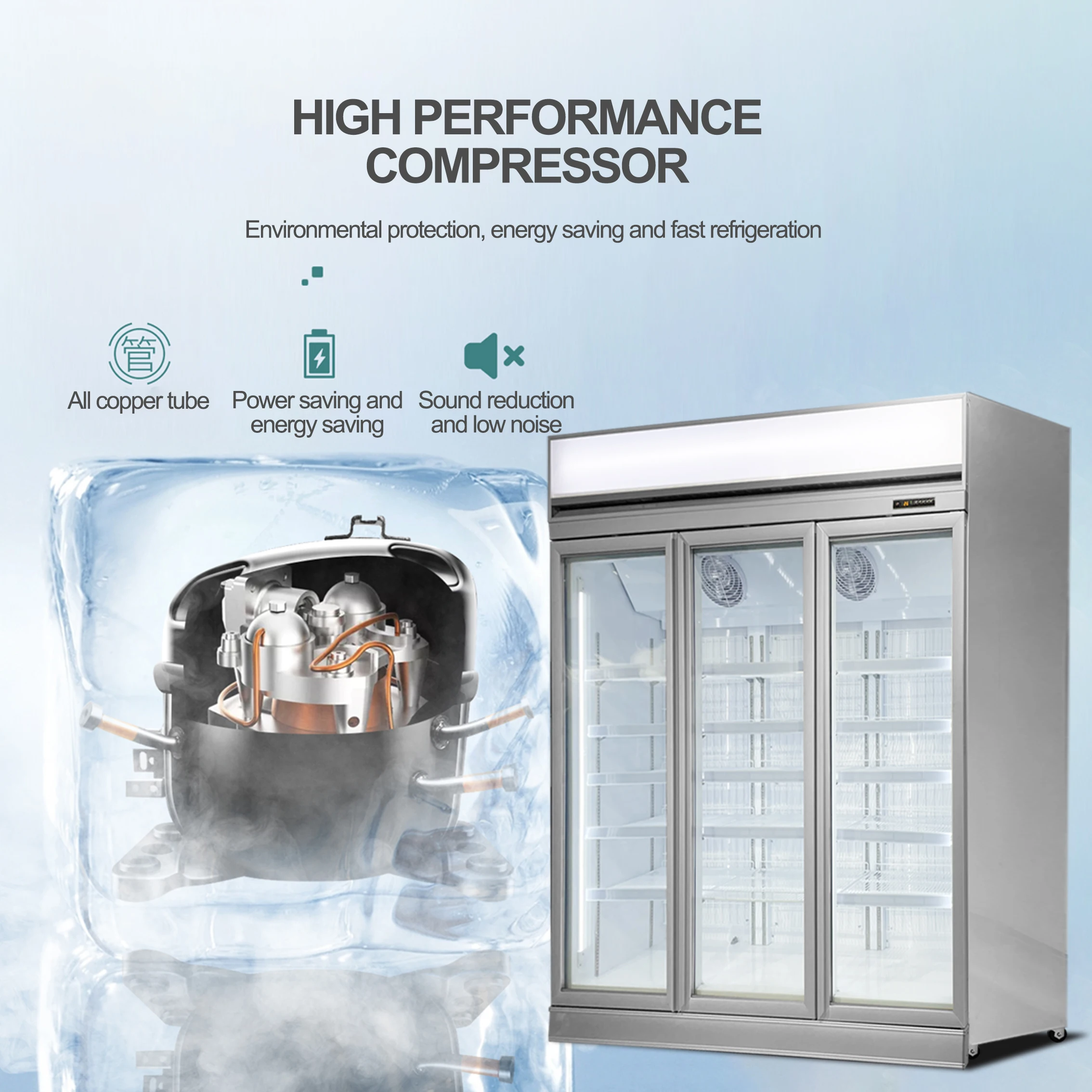 Commercial Beverage Fridge Beer Cooler 1600L Transparent Glass Door Supermarket Upright Display Freezer