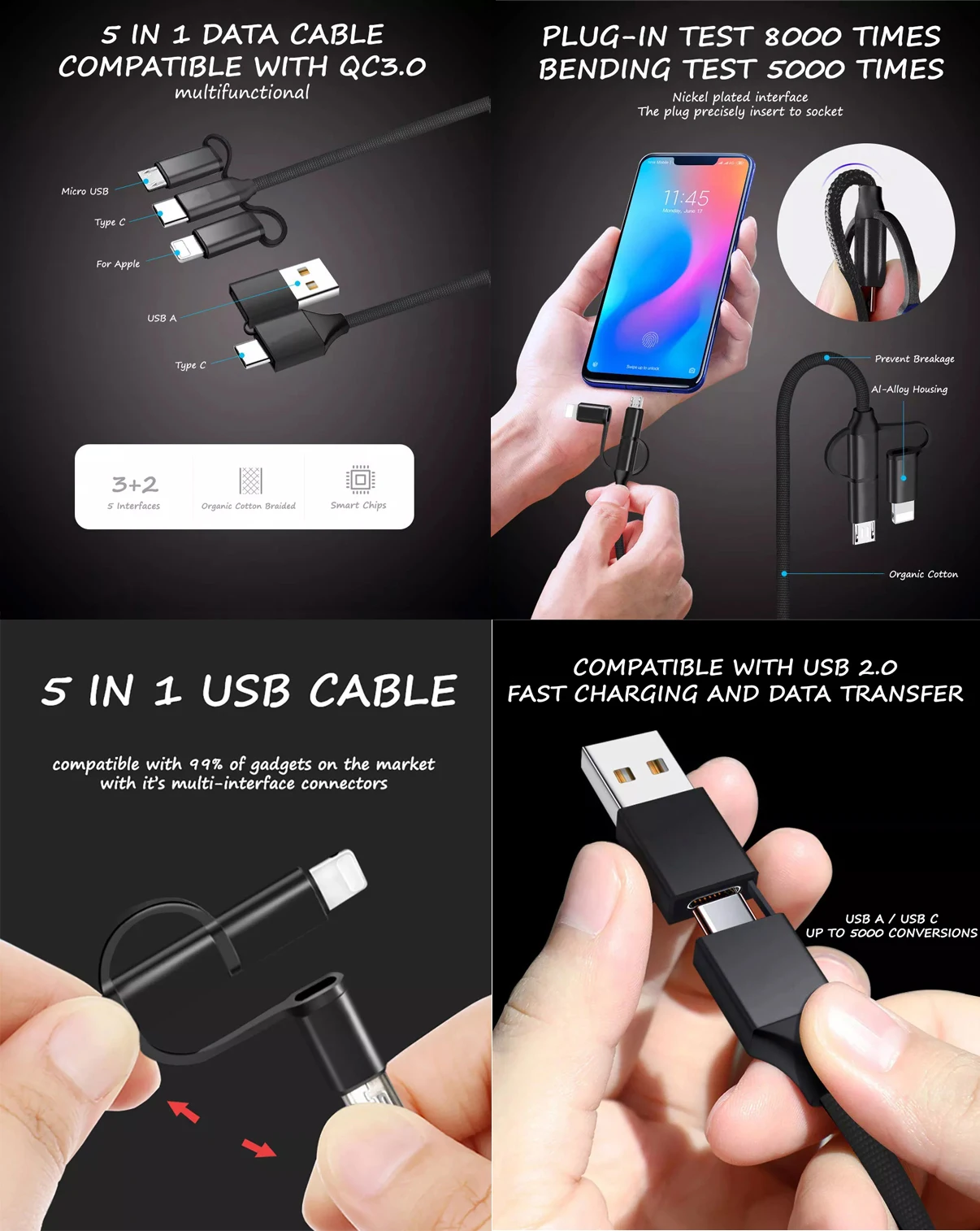 PD 60W Fast Charging Data Cable 2022 Universal 6 In 1 Fast Charging USB Type C Cables