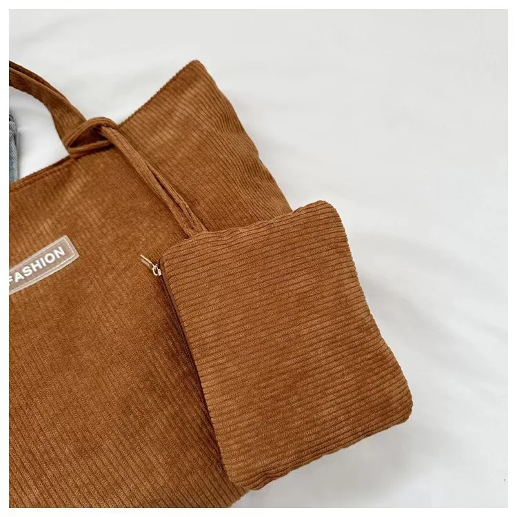 Buy a corduroy tote bag and send a makeup bag as a gift Corduroy Tote Bag for Women Canvas Shoulder Cord Purse with Inner Pocket