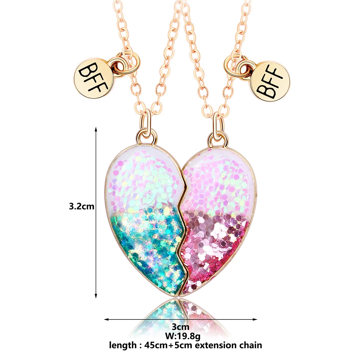 Colorful Heart-shaped Scallion Powder Sequin Pendant Best Friend Chain Lovely BFF Friendship Necklace for Friend Girl 2Pcs/Set