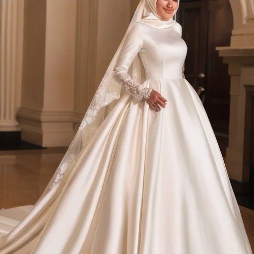 S8695F 2024 Лидер продаж высококачественное ТРАПЕЦИЕВИДНОЕ силуэт с оберткой кружевное украшение мусульманское атласное свадебное платье для невесты