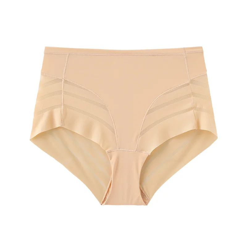 Women Sexy Tummy Control Underpants Seamless Stripe Lace Briefs Elastic Underwear Cotton Crotch Mid Waisted Panties