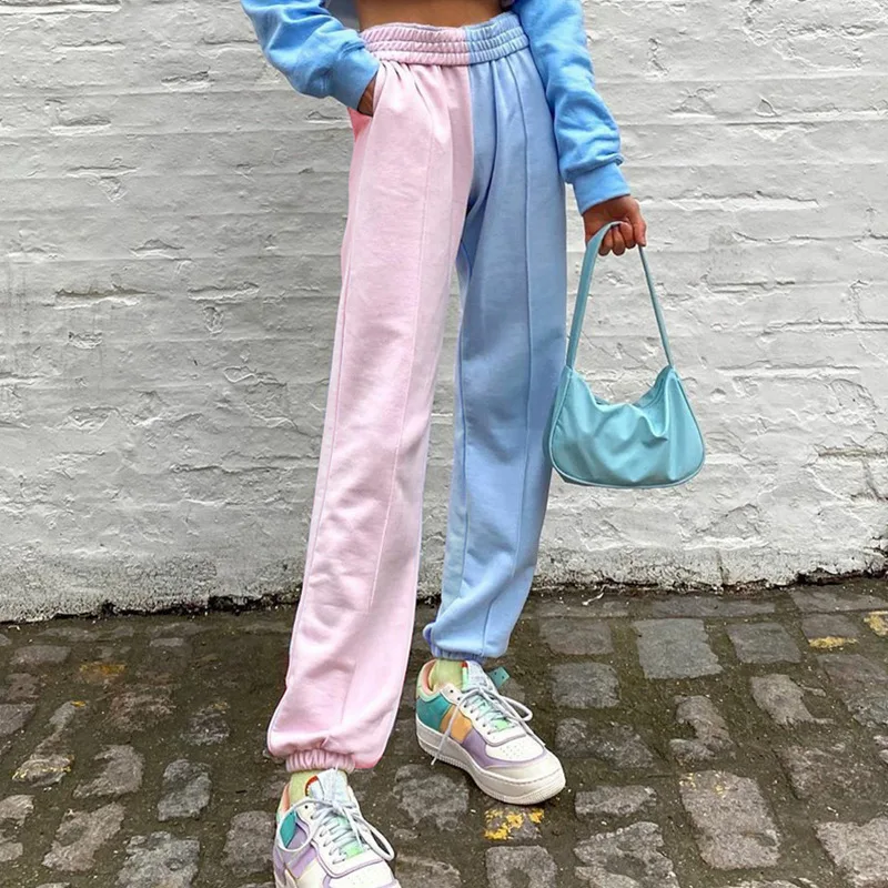 
Wholesale Casual Pink Blue Patchwork Elastic Waist Loose Fit Jogger Pants Womens Hip Hop Dance Trousers Harem Pants 
