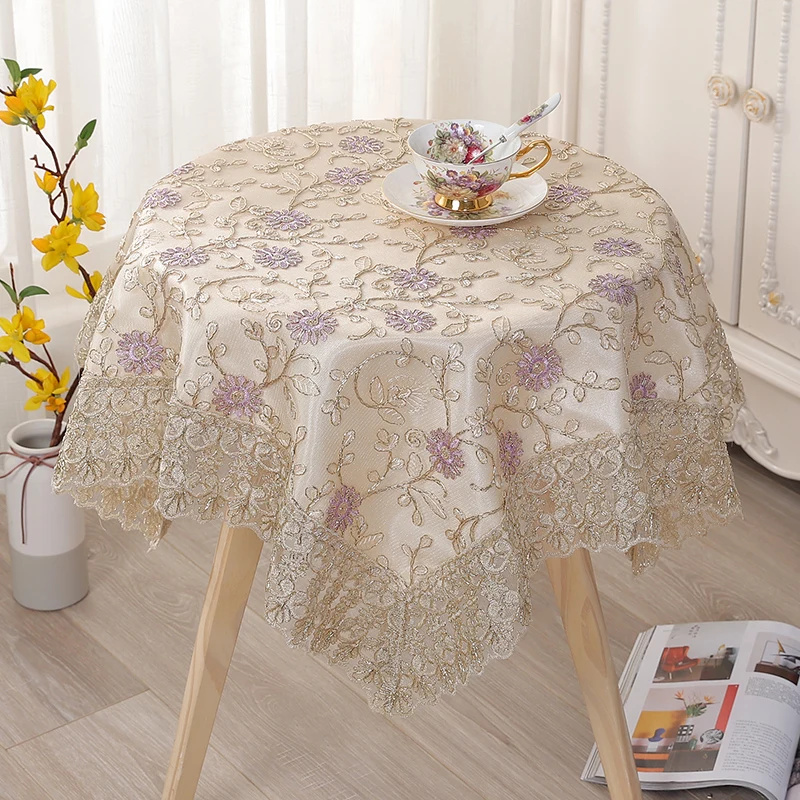 Universal dustproof cover towel double-layer lace yarn embroidery household bedside table small round table square tablecloth