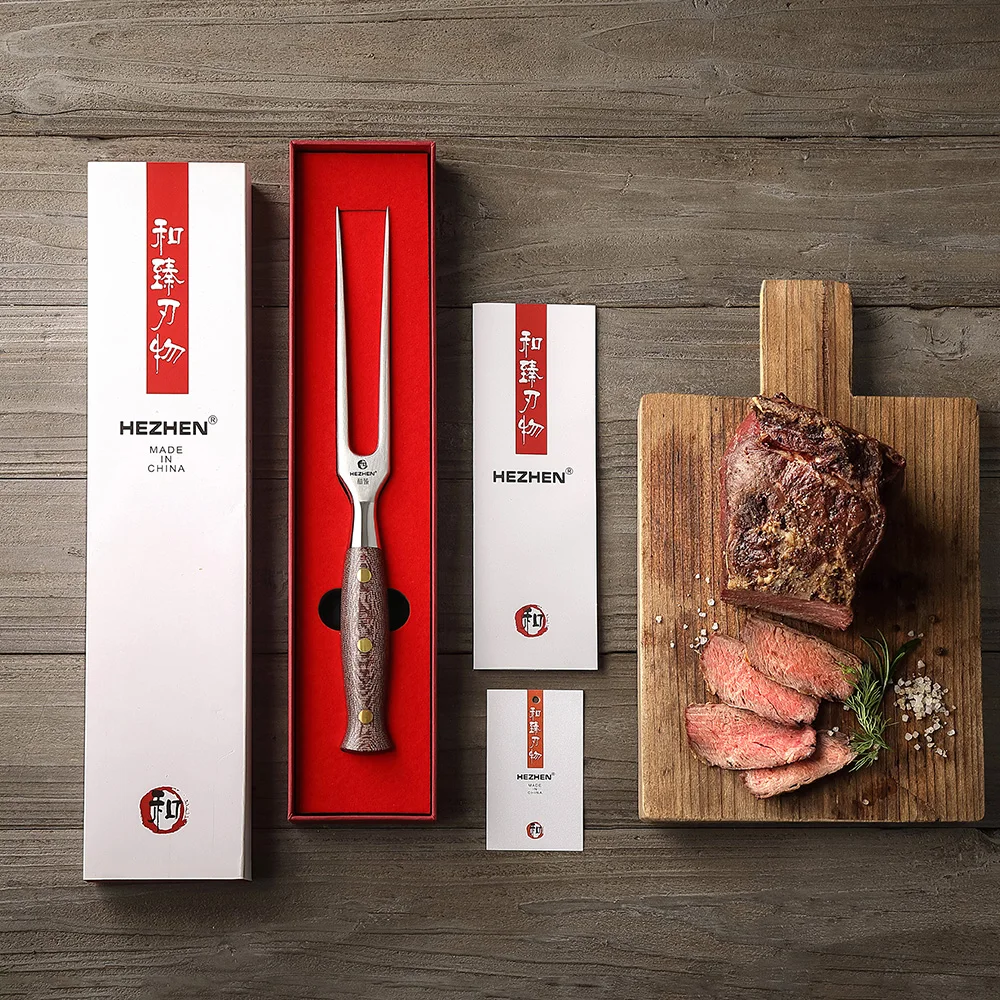 XINZUO New Forged Carving Fork BBQ Grilling Roasting Meat Kitchen Cooking 430 Stainless Steel Micarta Handle Barbecue Cookware