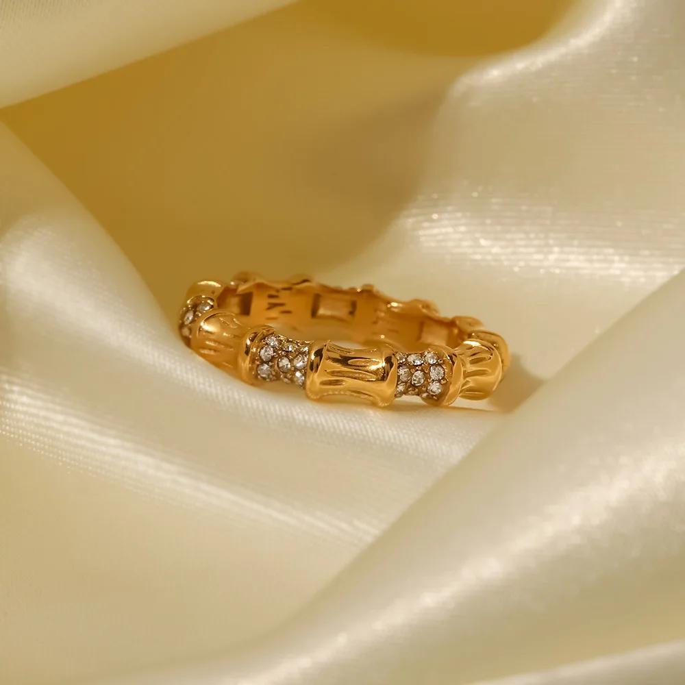 New 18K Gold Plated Stainless Steel Jewelry Dainty Bamboo Uneven Design White Diamond Rings For Women