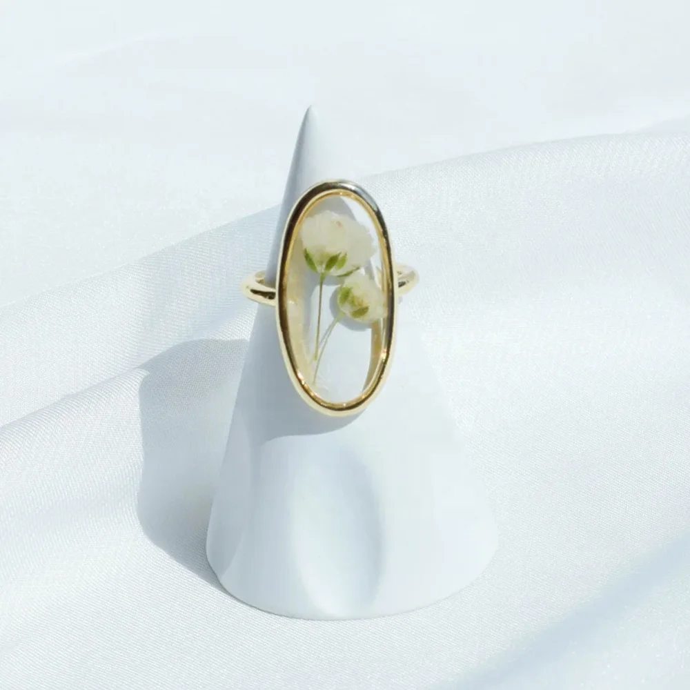 Wholesale factory price classic flower jewelry 925 silver gold real flower Elliptical resin rings